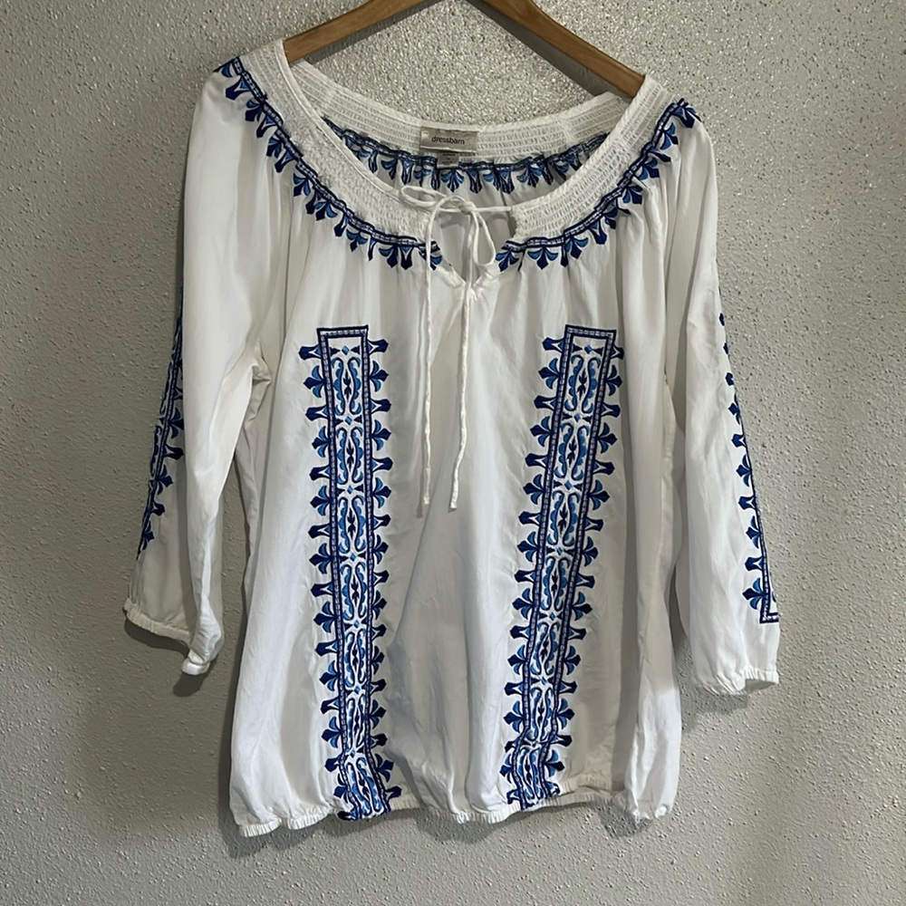 Dress barn 3/4 sleeve blouse with blue embroidery size 1X